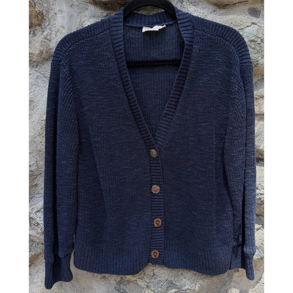 Faherty Miramar Linen Cardigan Womens XL Navy Blue Real Shell Buttons Relaxed